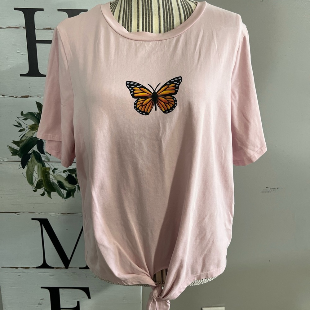 SHEIN Pink Tee with Orange Butterfly Graphic